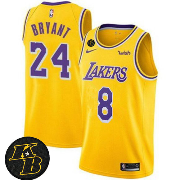 Men's Los Angeles Lakers Front #8 Back #24 Kobe Bryant Yellow With KB Patch Stitched Jersey Men's Los Angeles Lakers Front #8 Back #24 Kobe Bryant Yellow With KB Patch Stitched Jersey